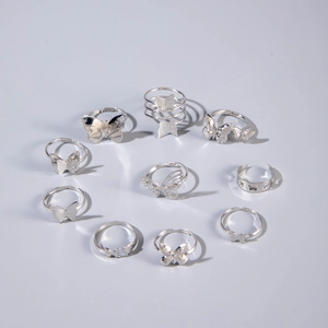 Detailed overhead view of 10-piece silver butterfly ring set with intricate cutouts