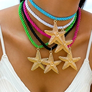 Starfish Sun Pendant Necklace Alloy Woven Rope Chain Marine Animal Beach Vacation Bohemian Ocean Style Jewelry For Women