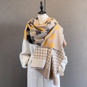 Elegant Long Winter Scarf Women Imitation Cashmere Warm Shawl Wrap Ginkgo Leaf Houndstooth Pattern Fashion Tassel Fringe