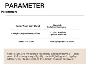 Detailed parameter chart for the warm imitation cashmere scarf showing 185x70cm dimensions