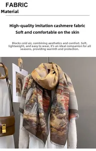 Detail view of the soft cashmere-like fabric texture and fringe on the printed scarf