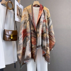 Vintage Chinese Landscape Print Imitation Cashmere Scarf Elegant Soft Warm Long Wrap Scarf For Women With Tassels Shawl