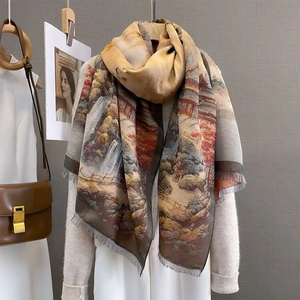 Artistic landscape cashmere-feel scarf with tassels in warm earth tones for autumn