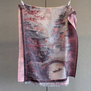 Detail of thin pashmina shawl featuring traditional Chinese landscape painting and tassels
