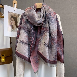 Elegant landscape jacquard pashmina shawl with tassel edge for autumn fashion styling