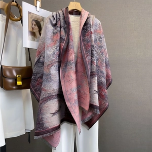 Artistic landscape cashmere blend scarf with tassels and vintage scenery pattern