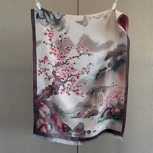 Détail de l'écharpe en imitation cachemire avec motif paysage et franges grises