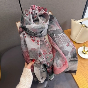 Écharpe élégante en imitation cachemire gris avec imprimé floral rouge et franges