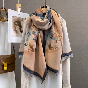 Écharpe châle jacquard chaude coupe-vent avec motif chameau orange et franges