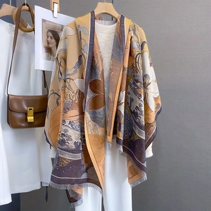 Women National Style Floral Landscape Oil Painting Scarf Retro Imitation Cashmere Shawl Thin Warm Jacquard Tassel Scarf