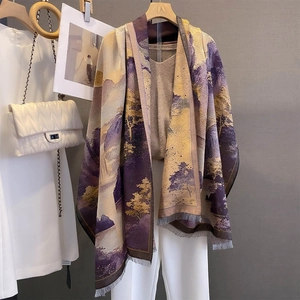 Elegant landscape painting print scarf with fringes in purple and yellow cashmere feel