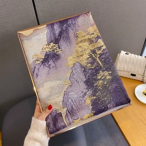 Elegant Chinese landscape art shawl featuring vibrant purple and gold oil painting patterns