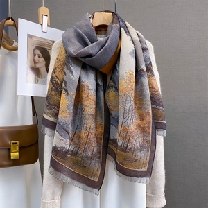 Artistic oil painting landscape scarf with tassels on casual white sweater