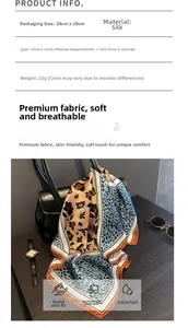Detail of silk scarf with leopard print on a black bag, size 53x53cm and 22g weight