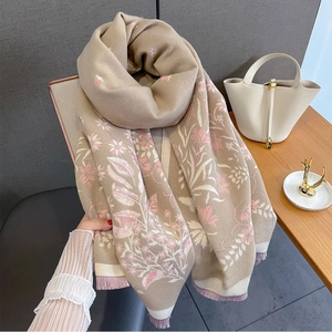 Floral jacquard cashmere-feel scarf in beige with pink flower pattern and fringe trim