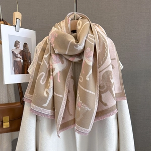 Elegant horse jacquard scarf with pink tassels and vintage beige patterns for women