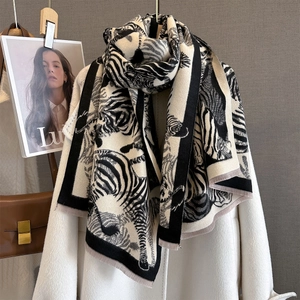 Thick zebra pattern cashmere-like jacquard scarf with fringe for autumn and winter style