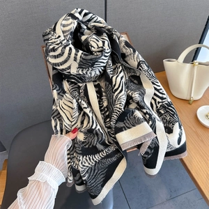 Autumn soft cashmere-like scarf featuring classic zebra jacquard pattern with fringe