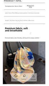 Detail info showing 53x53cm silk scarf with floral print and product specifications