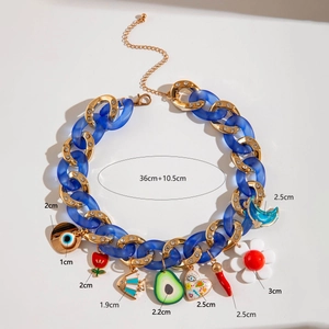 Macro detail of acrylic chunky chain necklace with colorful evil eye and heart charms