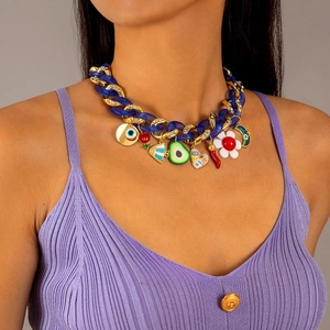 Bohemian thick chain choker with blue acrylic links and colorful evil eye heart pendants