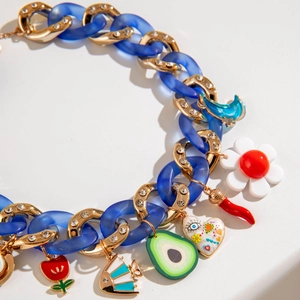 Chunky chain choker with colorful evil eye heart charms and resin links in pop style