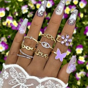 Purple Butterfly Enamel Rings Heart Snake Evil Eye Alloy Rhinestone Finger Jewelry Women Fashion Bohemian Vintage Hollow
