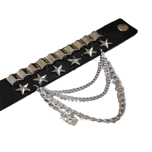 Punk black leather choker with silver rivets, star studs and heart padlock chain
