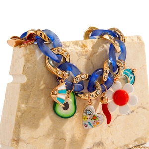 Bohemian gold chain bracelet with acrylic links and colorful evil eye heart charms