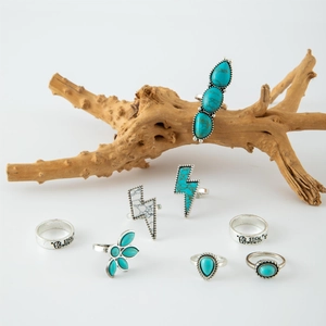 Vintage Silberfarbenes Türkis-Ring-Set mit böhmischen geometrischen Blumengravuren