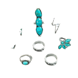 Vintage-Silberring-Set mit Türkis, geometrischen Schnitzereien und Gravur-Schmuck