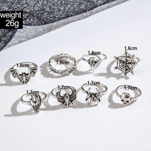 Gothic 8-piece vintage silver ring set with skull, spider, and bat designs for Halloween