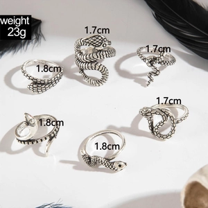 Detail of 6pcs vintage snake rings set with textured scales and internal diameter specs