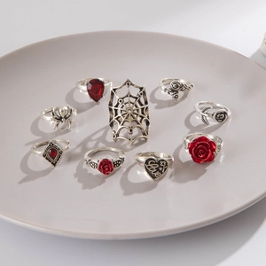 Gothic 9-piece Halloween ring set featuring red rose, spiders and Love heart details