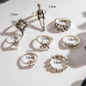8Pcs gothic punk silver ring set featuring skull and spider motifs in vintage alloy