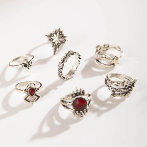 Detailed view of 7-piece vintage gothic silver rings with skull and spider motifs