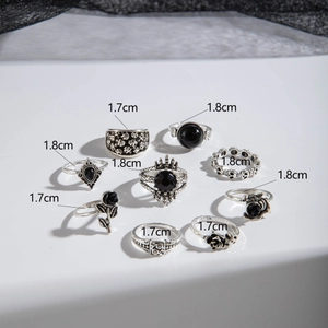 Detailed size guide for 9-piece retro gothic silver ring set featuring rose and eye motifs
