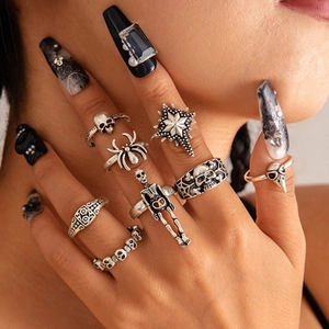 Vintage Silver Alloy Gothic Punk Skull Spider Ring Set For Women Dark Style Exaggerated Halloween Jewelry Accessories