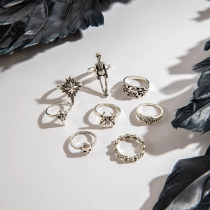 8-piece vintage silver gothic ring set featuring skulls, spiders, and punk elements