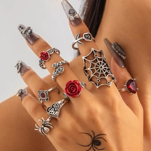 Gothic 9-piece ring set with red heart gems, spider motifs and vintage silver finish