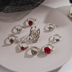 Gothic Halloween ring set with spider and red rose heart designs in vintage silver finish