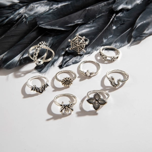Gothic 9-piece ring set with spider, bat and rose motifs in antique silver finish