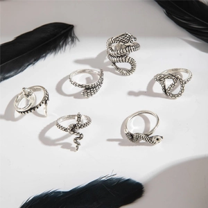 Macro detail of six vintage silver snake rings with intricate scales and punk style textures