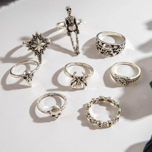 Gothic silver alloy ring set featuring skull, spider, and cross star Halloween motifs