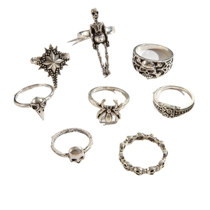8-piece gothic skull and spider ring set in vintage silver for Halloween punk style
