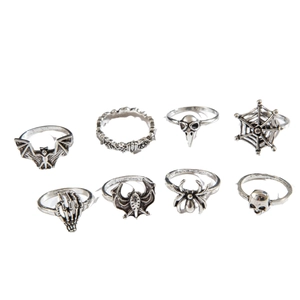8-piece set of vintage silver gothic rings featuring skull, spider, and bat designs