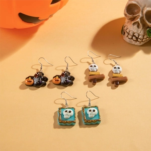 Halloween earring set with skull and pumpkin charms, festive dark acrylic dangles for women