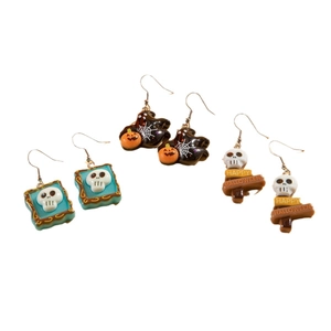 Three-pair Halloween earring set with skull, pumpkin, and spider web acrylic designs
