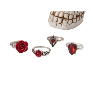 Gothic 4-piece ring set with red roses and ruby rhinestones in vintage silver finish