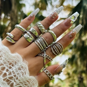 Alloy Rings For Women Vintage Punk Geometric Hollow Out Chain Link Cross Joint Finger Accessories Silver Tone Trendy
